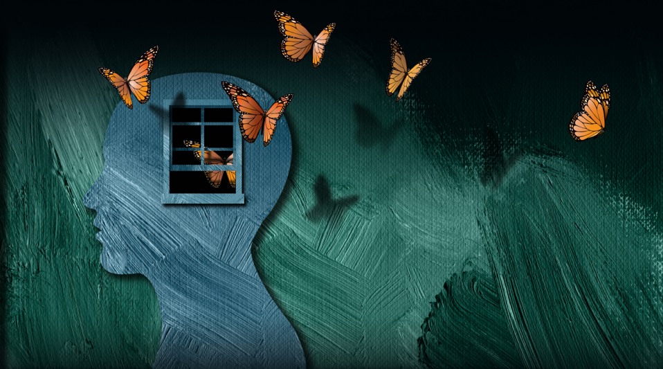 Graphic abstract design of concept of being emotionally or mentally set free. Simple, dramatic and dreamlike art composed of iconic butterflies, and opened window.